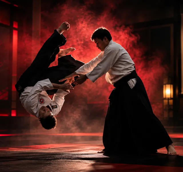 Two martial artists practicing a partner technique