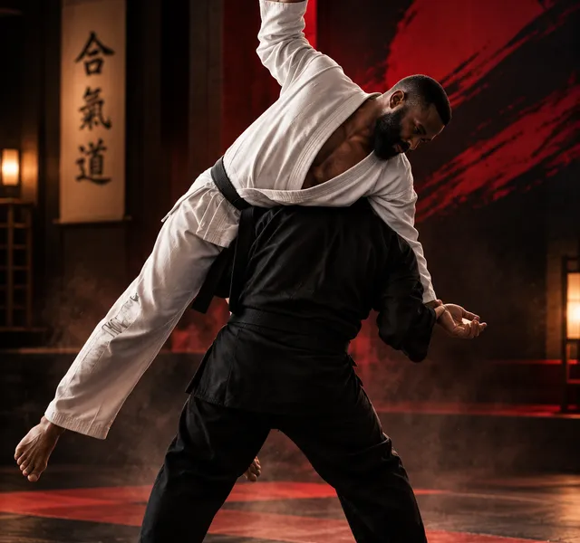 Two martial artists practicing grappling in white uniforms