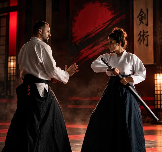 A martial artist holding a sheathed training sword