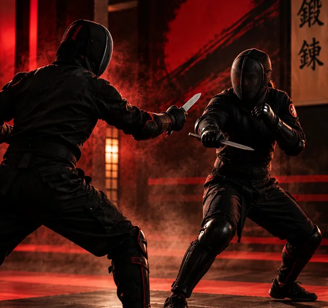Training partners discussing a weapon technique in a dojo